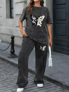 Plus Size Women's Vintage Washed Two-piece Set - Figure Print Short Sleeve T-shirt & Wide-leg Pants, For Outdoor Wear