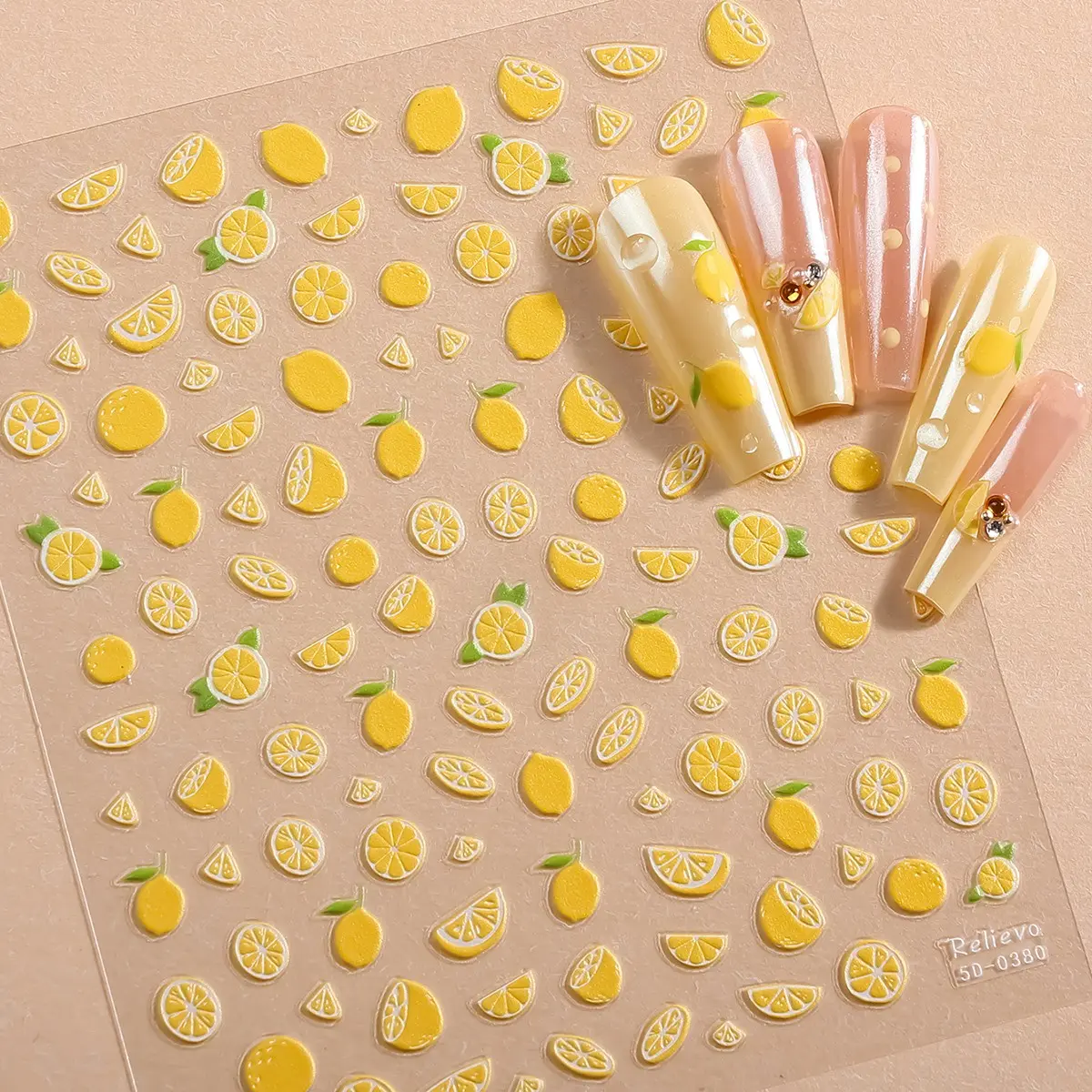 5D Embossed Lemon Nail Art Sticker, Nail Designs Summer Fruit Design Self-Adhesive Nail Decoration Supplies, DIY Nail Accessories for Women