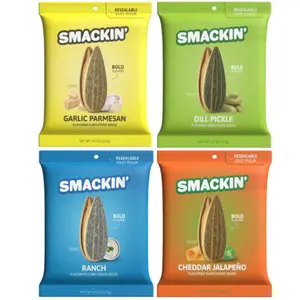 SMACKIN' Jumbo Roasted Sunflower Seeds 4 Pack - Garlic Parmesan, Dill Pickle, Ranch & Cheddar Jalapeño Flavors - 1lb Box of Low Sodium Handcrafted American Made Seeds