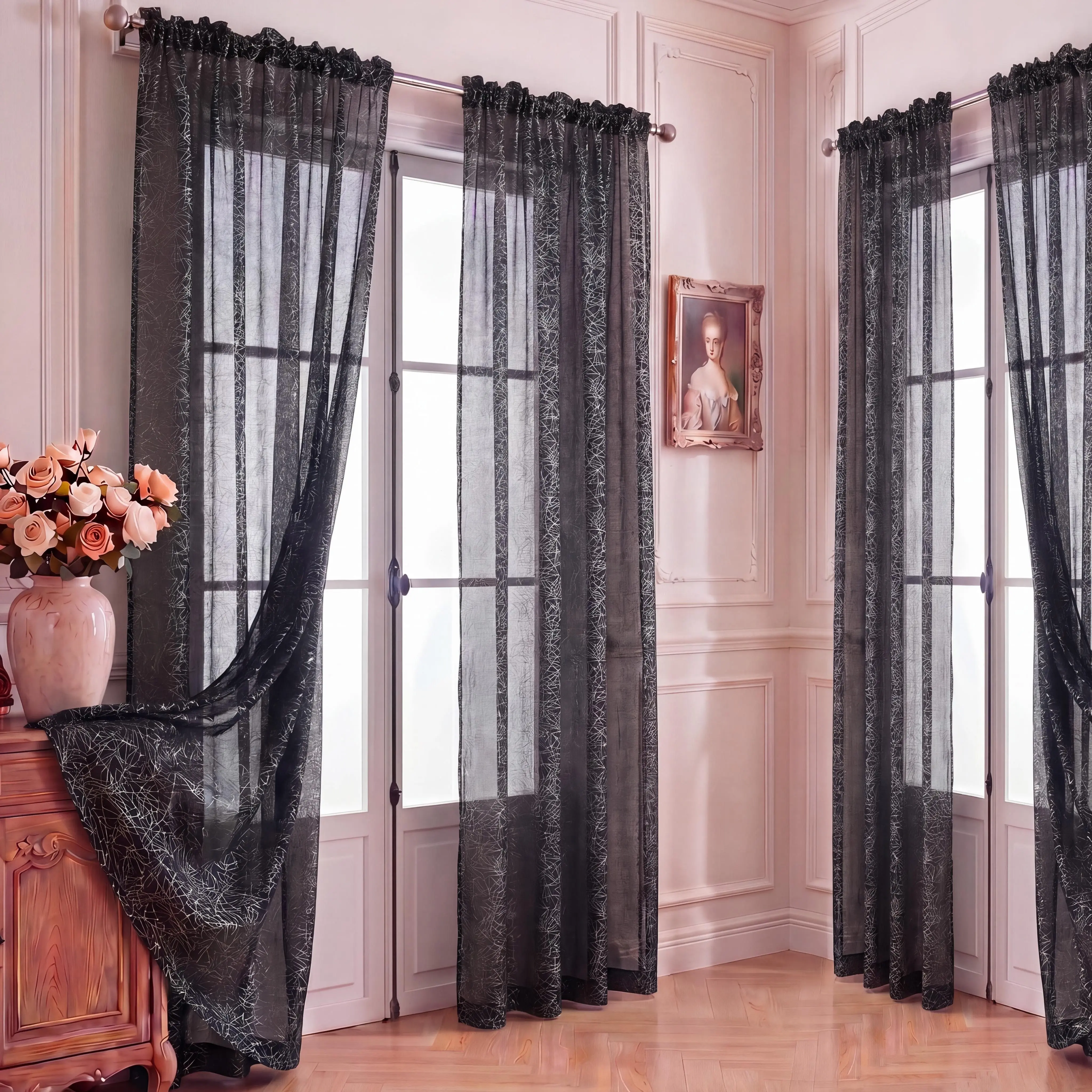 4-Panel Foil Silver Metallic Sheer Rod Pocket Curtains, 52"X84" Modern Exquisite Pattern Window Drapes, Room Decor Curtain for Bedroom Living Room, FT5001 Summer Gift