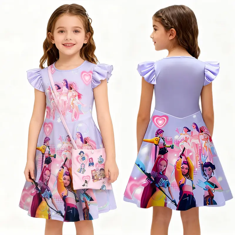 Kids K-Pop Demon Hunter Huntrix Dress with Crossbody Bag- Rumi/Mira/Zoey Purple Cute Girls Dress, Cartoon Casual Cosplay Dresses for 3-14 Years