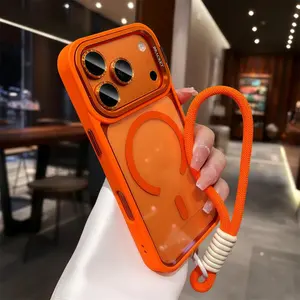 Metal bracket magnetic phone case for IPhone 17 Pro Max 17 Pro Transparent Casing Shockproof Cover Hanging rope magnetic suction integrated anti fall phone case and phone protective cover