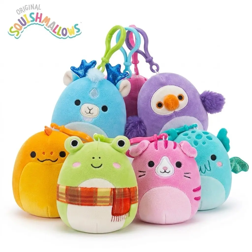 Squishmallows 3.5" Plush Clip-On Keychain - Ultra-Soft Mini Animal Backpack Clips (Frog, Dinosaur, Reindeer, Monster, Cat, Bird) - Cute Kawaii Bag Charm Accessory, Party Favors & Gifts for Kids