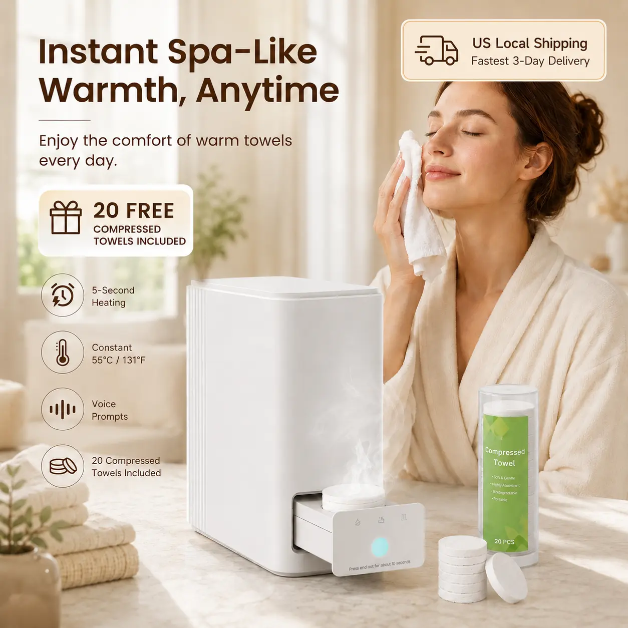 CRILEAL Modern Eco-Friendly Compact Countertop Bathroom Hot Towel Dispenser & Warmer, 55°C (131°F) Smart Machine with 5s Instant Heating, Pop-Out Drawer, 20 Disposable Drying Towels for Skin Care, Countertop Towel Warmers