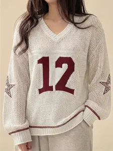 Women's Embroidered Letter V-Neck Long Sleeve Hollow Out Casual Knitted Pullover Sweater, Stylish and Comfortable Fall Fashion