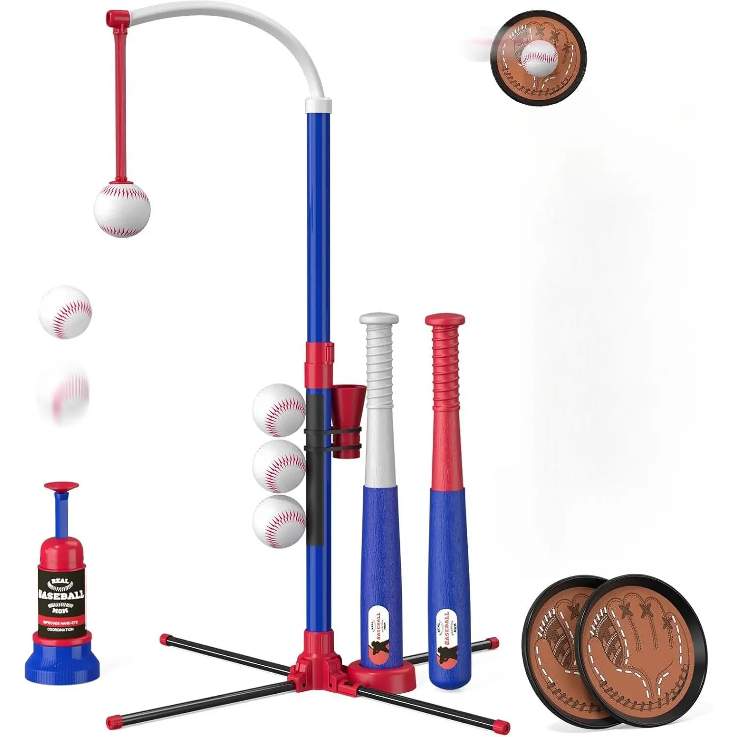 Blue 4-in-1 Kids' T-Ball Set - BPA-Free, Adjustable Height 22.6"-37.2", Batting Tee, Auto Launch Machine, 2 Bats, Toss & Catch Set, Baseball Glove, Indoor-Outdoor Toddler Sports Toy for 3-4 Years Olds (Birthday/Thanksgiving Gift)