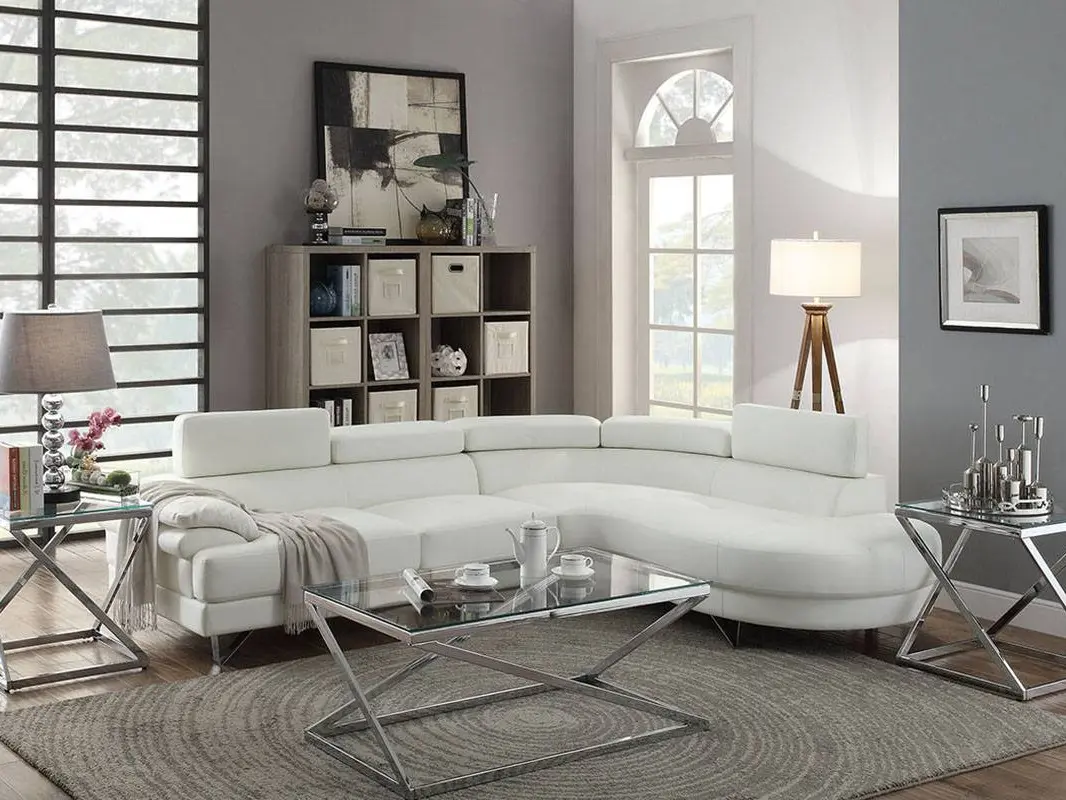 Orren Ellis Poundex F6985 2 pc White Faux Leather Sectional Sofa Set with Rounded Chaise Longworth Bobkona Design Recliner Loveseat for Modern Living