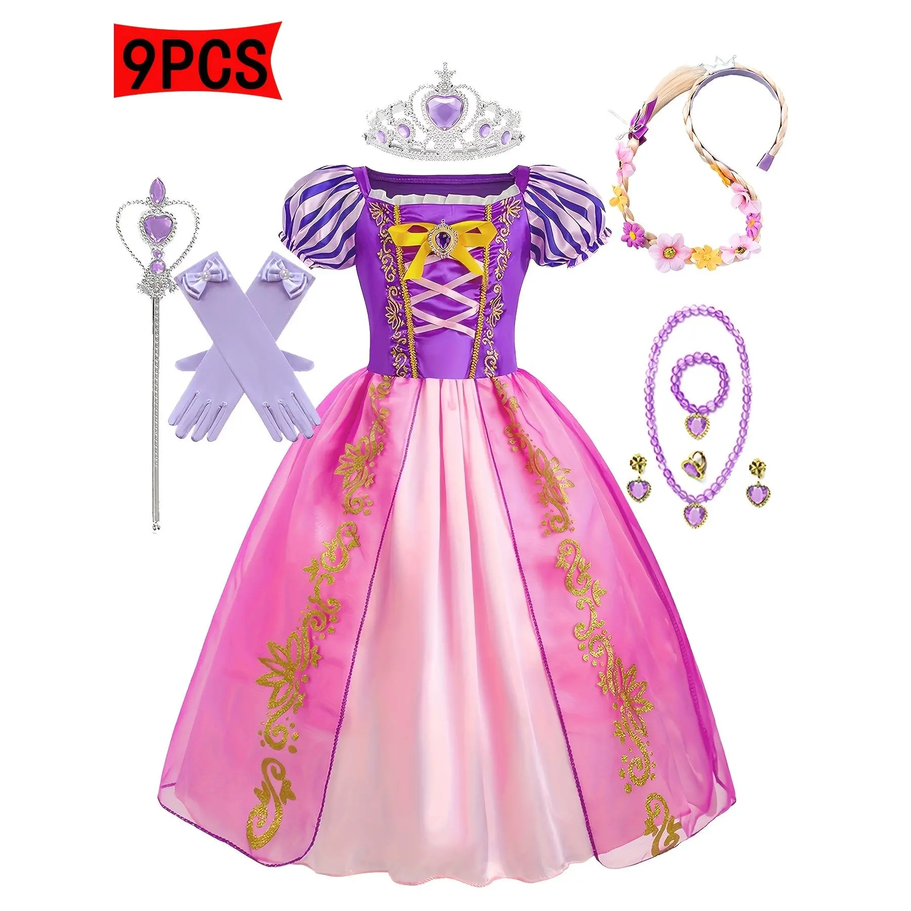 QY9pcs Girls Princess Dress Set Purple Puff Sleeves Bow Print with Wig Necklace Bracelet Earrings Ring Crown Magic Wand Gloves Halloween Easter Carnival Party Gift Cosplay Fairy Tale Princess Dress Birthday Gift for Girls, Fantasy, Crew Neck