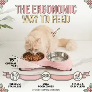 Stainless Steel Double Cat Bowl - 15° Tilt Ergonomic Neck Protection, Non-Slip Base, Easy-Clean Macaron Pastel Design, 34x18x8.5cm Cat Feeder