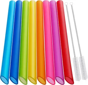 [Angled Tips] 8 Pcs Reusable Boba Straws & Smoothie Straws - Multi Colors Jumbo Wide Reusable Straw, BPA FREE Food-Grade Plastic Straw for Bubble Tea(Tapioca, Boba Pearls), Milkshakes with 2 Brushes Hiware