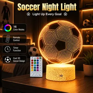 Soccer 3D Optical Illusion Night Light LED Desk Lamp with Remote & Touch Controls USB Powered for Kids' Bedrooms Home Decorations or Holiday Gifts