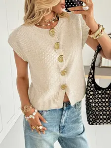 An Elegant Sleeveless Cardigan Vest for Women Featuring Golden Shell Buttons, Paired with a Casual Round-Neck Short Top, Solid, Perfect for Spring And Summer Vacations And Everyday Wear