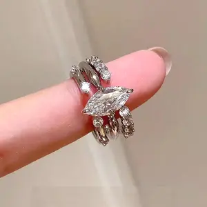 Tarnish Resistant Sterling 925 Silver Ring Set for Women 3 in 1 Stackable Marquise Moissanite Band Sparkling Minimalist Jewelry Ins Blogger Style