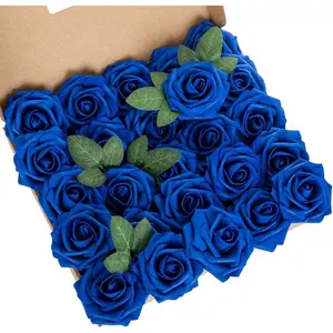 25 count Artificial Flower  Rose Real Touch Roses Flower Heads with Stem for DIY Wedding Bouquets Centerpieces Arrangements Party  Shower  Decor (Royal Blue)