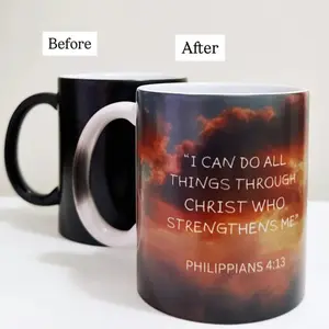 Heat Color Changing Mug 11oz 15 oz with "I Can Do All Things Through Christ" Quote, Black Handle, Faith Tumbler for Hot Drinks