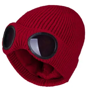 Knitted Glasses Hat with Fleece Lining Warm Roll Brim for Autumn Winter Outdoor Skiing & Cycling Trendy Cool Goggles Design Unisex Eye Protection