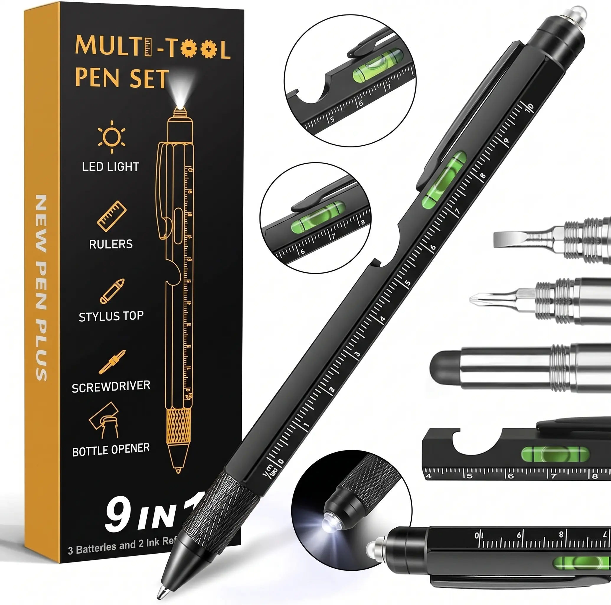 Multi Tool Pen - 9 in 1 Aluminum Gadget with LED Light - for Office, Construction & DIY Home Repair - Cool Birthday Gift for Men, Dad & Husband - 1 / 2 Pack Set