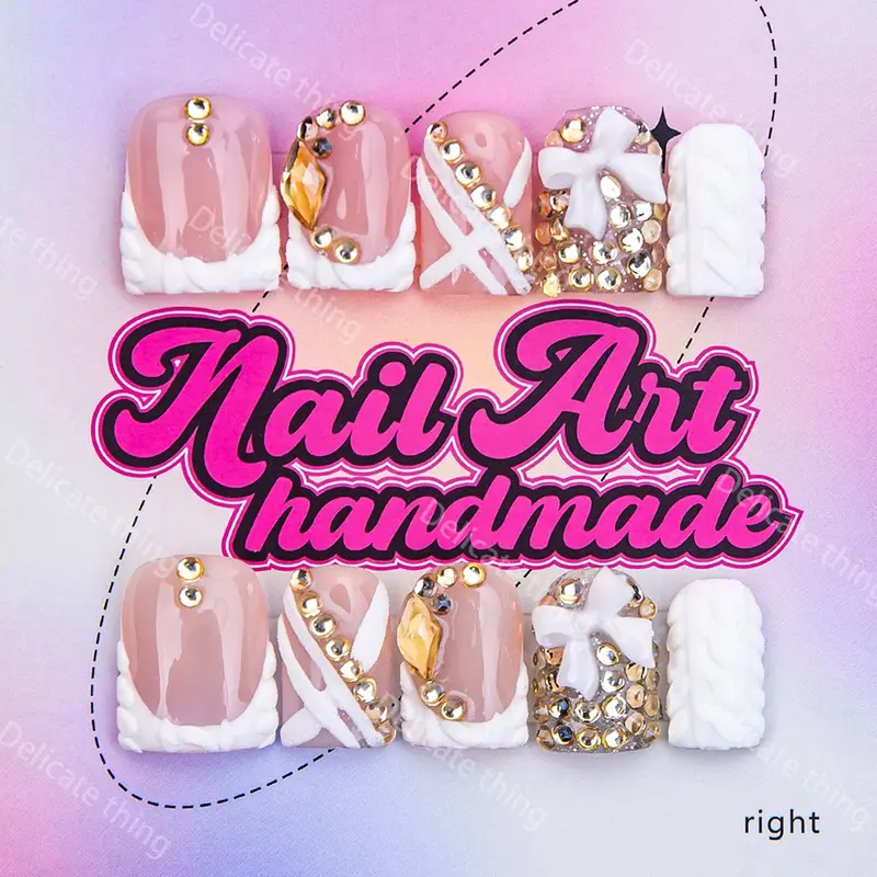 Delicatething Y2K Style Nail Set, Press On Sets, Handmade Press On French Tip Nails Design, Includes Jelly Glue, Crystal Stick, File, Perfect Gift for Women, Rhinestone Bow Decorated, Handmade Nail Art, Nail Art Products