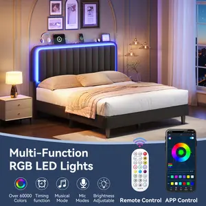 MRAEER Led Bed Frame, No Mattress, Soft Modern Bed Frame with Luxury Leather Headboard, APP Adiust the Light, No Box Spring Needed