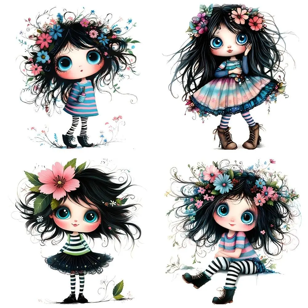 Cute Girl Pattern Iron on DTF Transfer Sticker, 6 Counts/set Washable Heat Transfer Designs, Ready Press Decals for DIY Handcraft Clothing T-shirt Mask Jeans Backpack