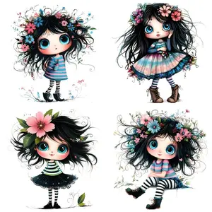 Cute Girl Pattern Iron on DTF Transfer Sticker, 6 Counts/set Washable Heat Transfer Designs, Ready Press Decals for DIY Handcraft Clothing T-shirt Mask Jeans Backpack