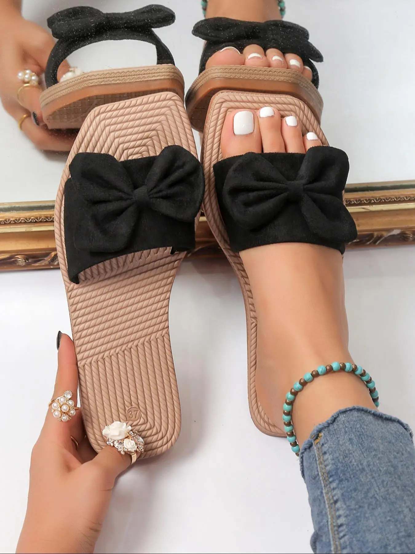 Women's Summer 2024 1 Pair Bow Decorated Solid Color Slides, Casual Comfortable Open Toe Flat Slippers for Daliy Wear, Wide Band Beach Slippers