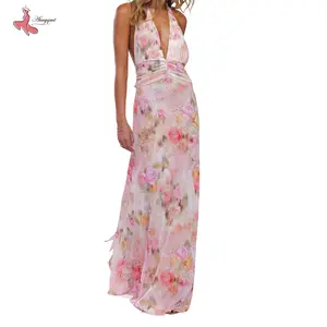 Women Long Dress, Sleeveless Halter Dress Backless Flower/Dots Print Summer Cocktail Dress