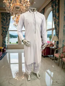 Men’s White Afghan Parahan Tumban with Black Embroidered Placket – Premium Cotton-Blend Fabric | Medium Size