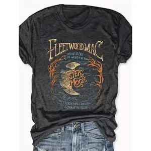 Women's Moon Print Round Neck Tee, Vintage Trendy Casual Short Sleeve T-shirt for Daily Wear, Ladies Summer Outfit