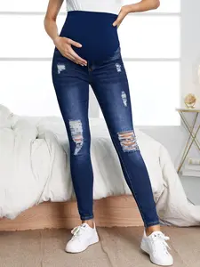 Blue Pregnant Ripped Jeans, Maternity Clothing, Mid-Waist Elastic Waistband, Casual Loose Fit, Slimming Effect, Small Leg Pants, All Seasons, Maternity Clothes