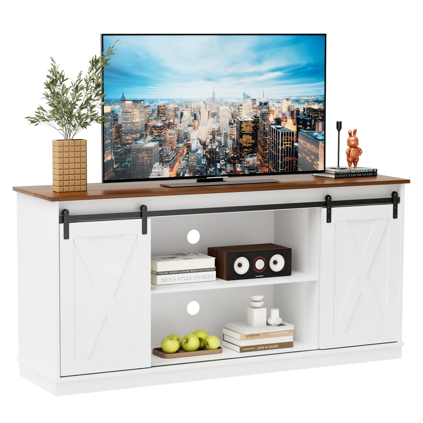 TV Stand for 65 Inch TV, Sliding Barn Door and Entertainment Center with Storage, Mid-Century Modern Media TV Console Table for Living Room Bedroom