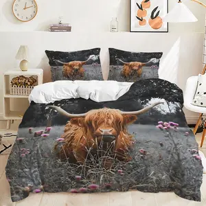 2/3Pcs Charming Highland Cow Decorative Duvet Cover Set, Soft and Cozy Bedding Set with Rustic Farm Style, Perfect for Nature Lovers Bedroom Decor, Bring a Touch of Serene Pastoral Charm to Your Home! Includes 1 or 2 Pillowcase - No filling/Zipper Closure