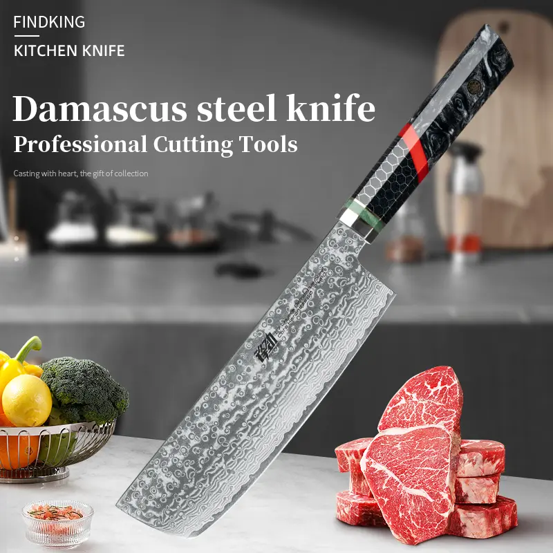 FINDKING 7 Inch Nakiri Knife, Japanese Style Cleaver Knife 9Cr18Mov 67 Layers Damascus Steel, Razor-Sharp Blade, Honeycomb Pattern Resin Handle, Professional Kitchen Knives, Chopping Cutting Slicing Dicing for Fish Meat Vegetable Fruit