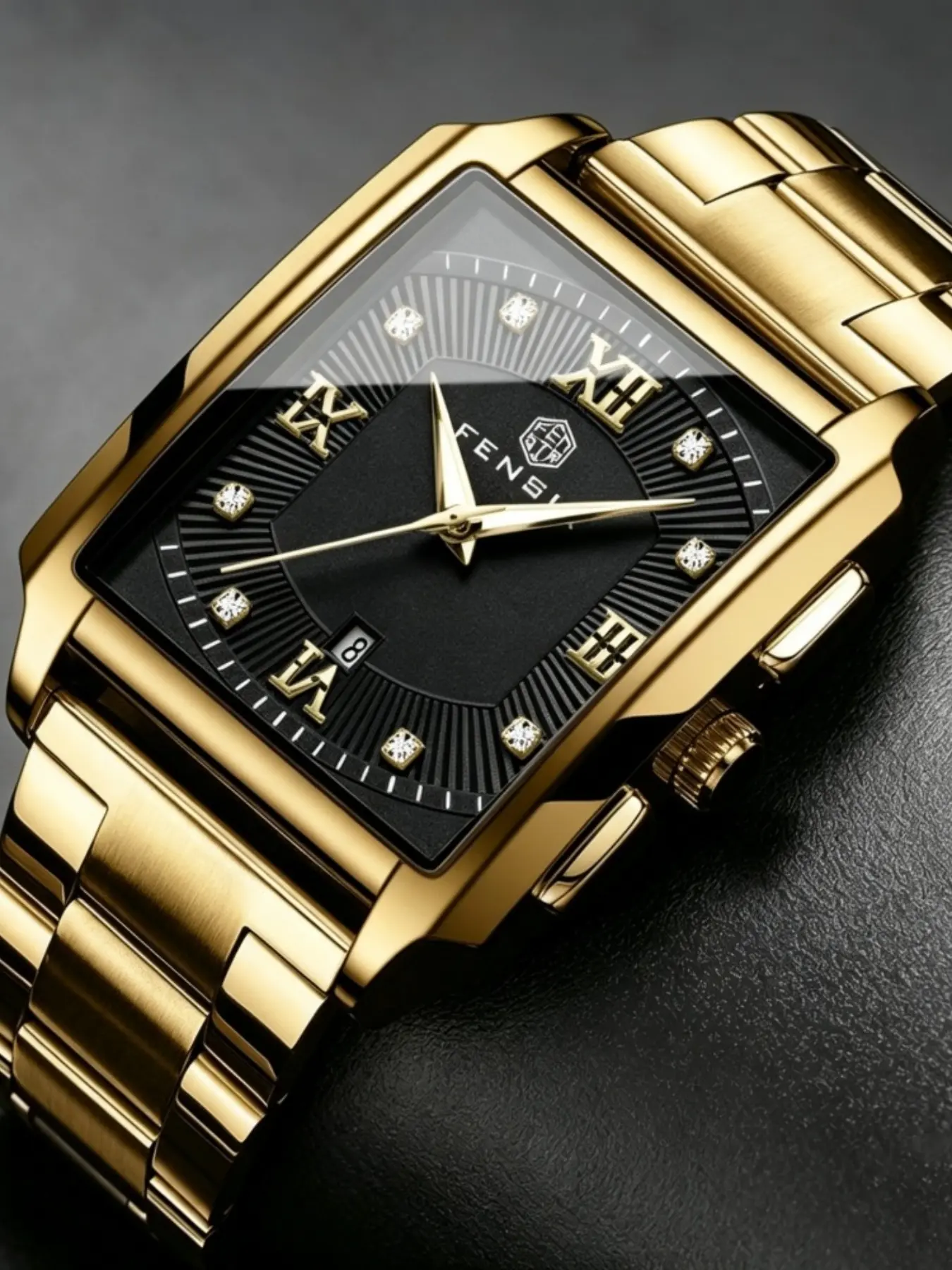 Men's Square Quartz Business Watch, Diamond-Embedded Steel Band, Waterproof, Roman Numerals, Calendar Function, Elegant Men's Watch, Analog Quartz Watches