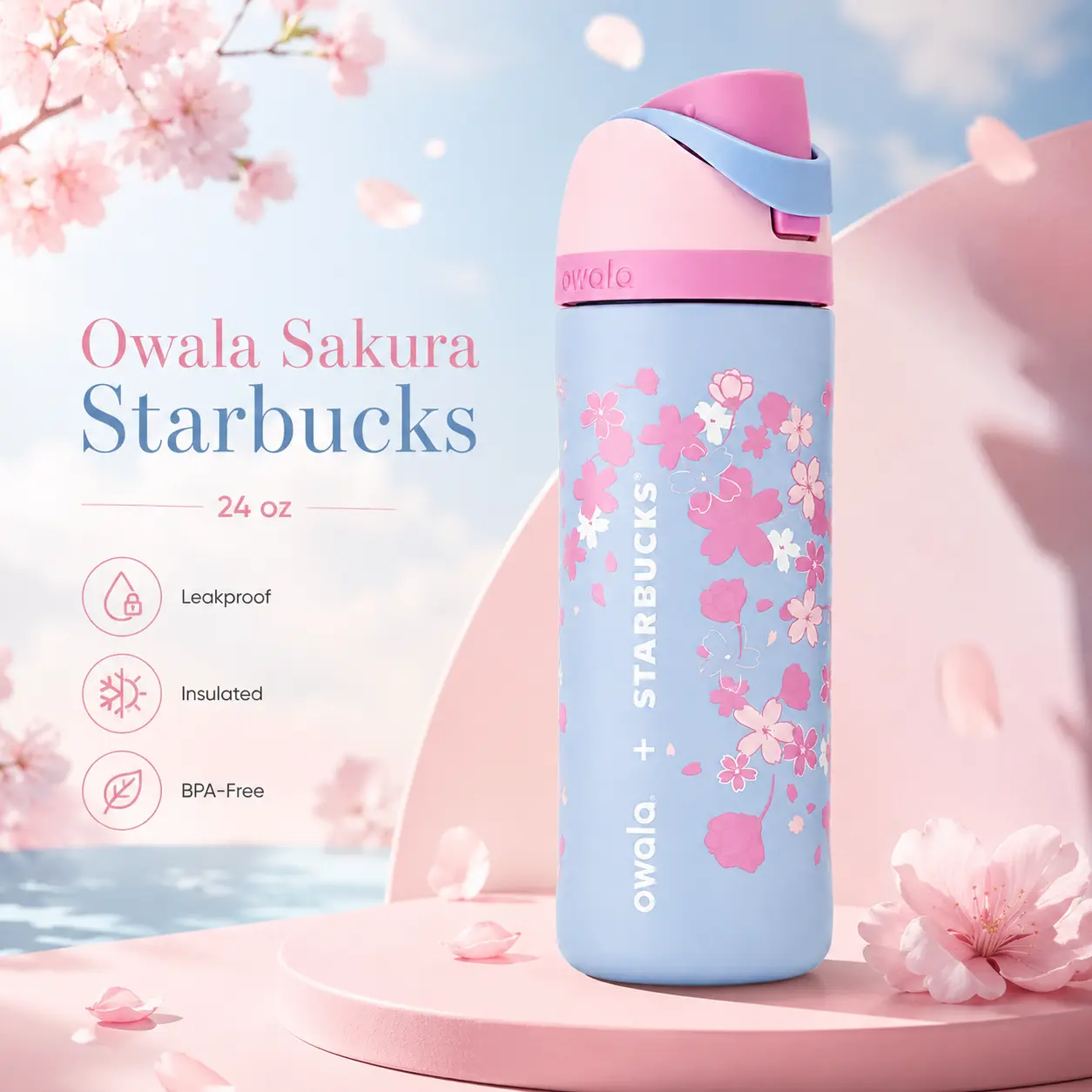 New Starbucks X Owala 2026 Sakura Limited Insulated Water Bottle 24oz Straw Cup