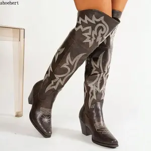 Knee High Tall Cowboy Boots Women Vintage Embroidered Pointed Platform Over the Knee Cowgirl Boots Fashion Square Toe Chunky Heel Western Over-The-Knee Vacation Boots Outdoorfun