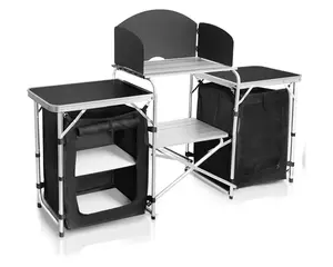 Folding Camping Kitchen Table with Windscreen,Portable Outdoor Cooking Station with Storage Cabinet & Side Tables Heavy Duty Camp Cook Station for Camping & BBQ (Black2cabinet)