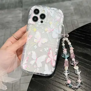 Butterfly Pattern Phone Case with Beaded Chain, Decorative Phone Protector Cover, Phone Accessories Compatible with iPhone 11 12 13 14 15 Pro Max, Casing