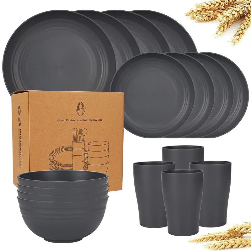 Wheat Straw 16-Piece Reusable Durable Shatterproof Black Plastic Plates Bowls Cups Cutlery Microwave Dishwasher Safe for Picnics Parties Camping Family Meals Tableware Dining Plate Set Tableware Sets