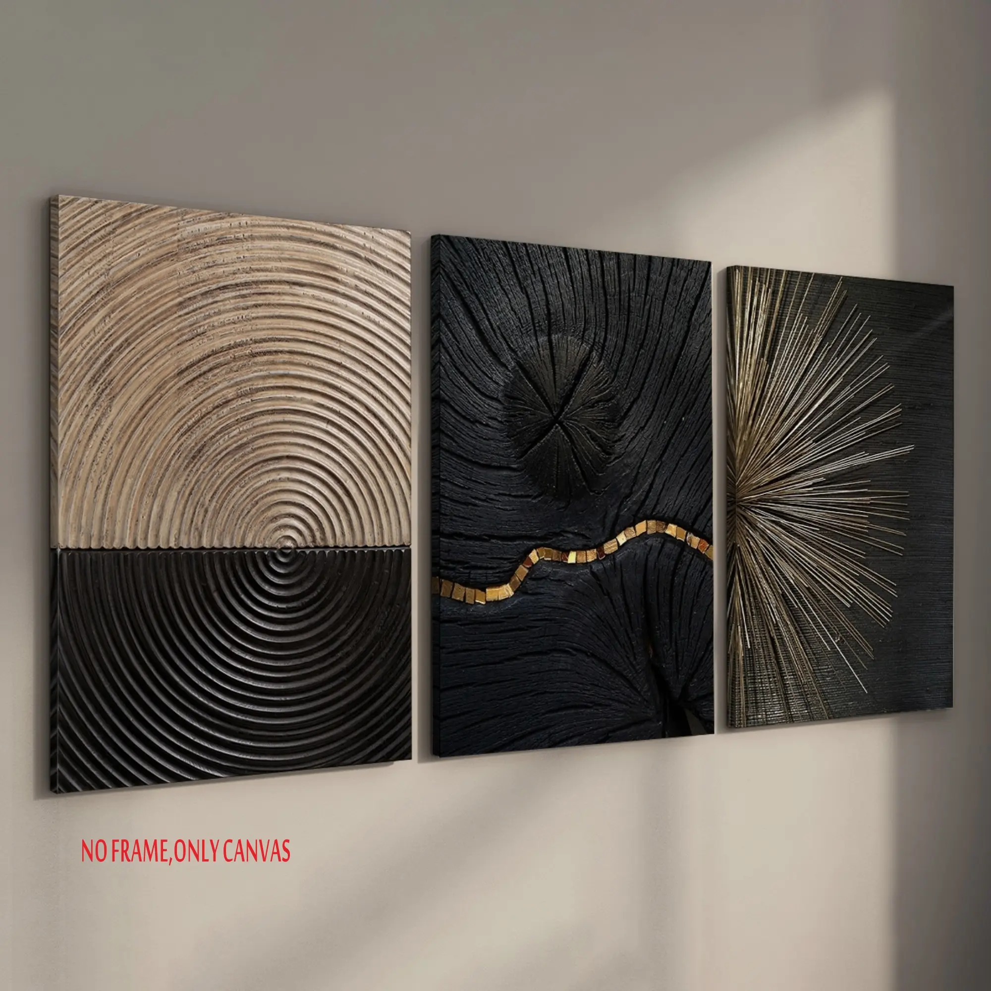 3-Piece Canvas Art Set Black & Gold Textured Wall Art Unframed Canvas Prints, Modern Minimalist Design, Tree Ring & Stump Spiral Natural Grain Waterproof Canvas Material Artistic Wall Gifts Home & Dorm Decor Wall Decoration Frameless, Artwork For Walls