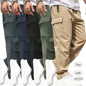 5PCSMen's Casual Solid Color Sports Pants Fitness Pants with Multi-Functional Pocket Design 95% Polyester 5% Spandex Lightweight Skin-Friendly Smooth Soft Fabric Suitable for Indoor Sports, Summer Outdoor Sports