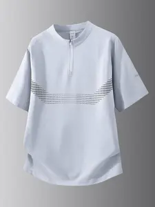 Male Light Gray Half-Zip Stand-Collar Vent Dot Quick-Dry Breathable Loose Short-Sleeve Ergonomic Athletic T-Shirt, Curved Extended Bottom Hem, Cold Wash & Machine Washable for Golf, Outdoor Summer Wear