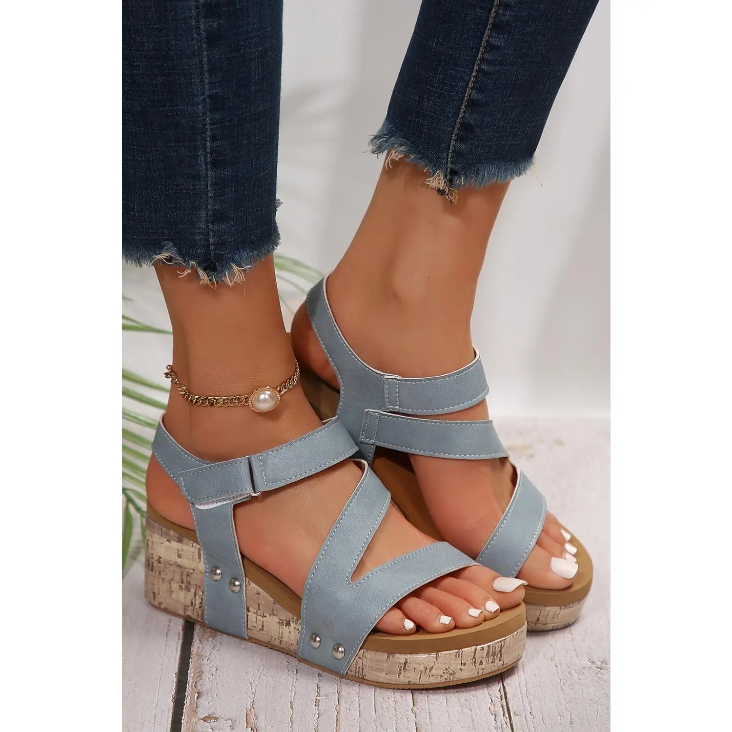 Hollow Out Velcro Leather Wedge Sandals