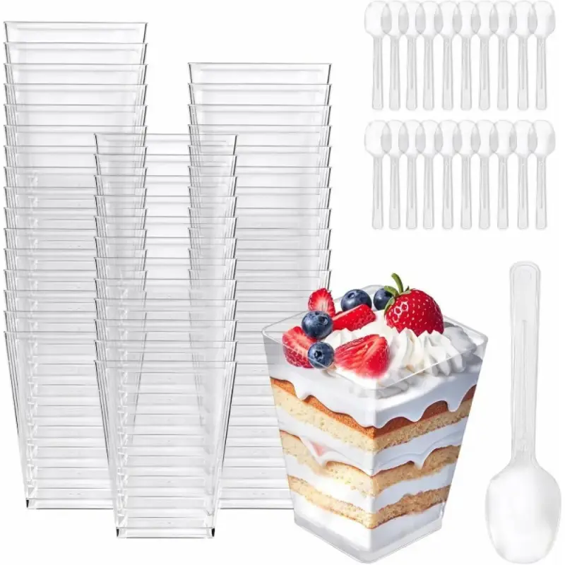 5oz Square Puff Pastry Cups with Spoons(50 Cups & 50 Spoons) – Clear Plastic Dessert Bowls for Party, Snacks & Mini Desserts |   Disposable Appetizer Cups50