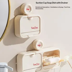 Wall-Mounted Soap Holder with Suction Cup Lid, No-Drill Dual Drainage Storage, Bathroom Soap Box, Hanging Soap Dish, Bathroom Accessories
