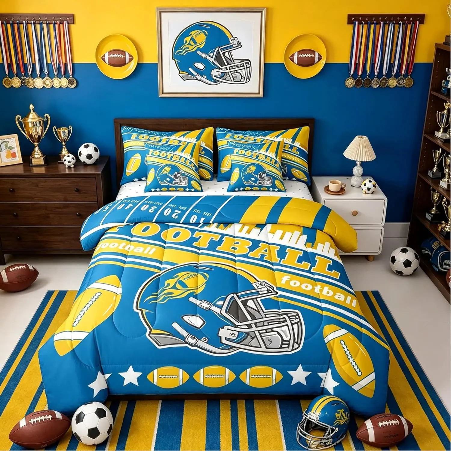 Football 7 Pieces Comforter Set Rugby Sports Bedding Set Sports Theme Bed in a Bag with Comforter,Sheets,Pillowcases & Cushion Cover