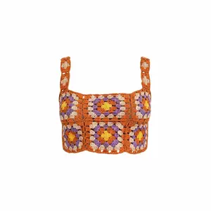 Handmade Crochet Granny Square Crop Top Orange Multicolor Boho Summer Tank