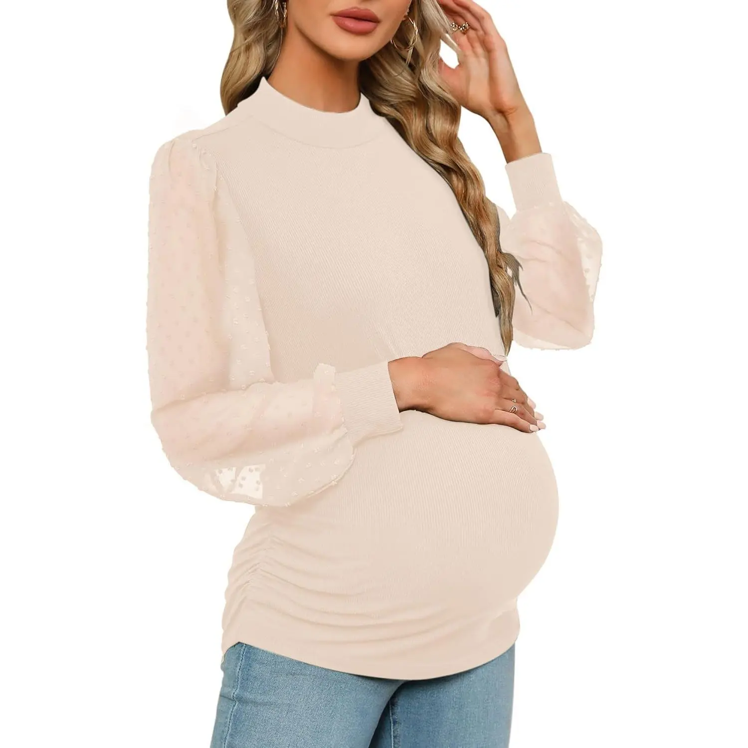 Imily Bela Women's Maternity Shirt Long Sleeve Top Swiss Dot Mock Neck Ribbed Knit Striped Ruched Side Blouse