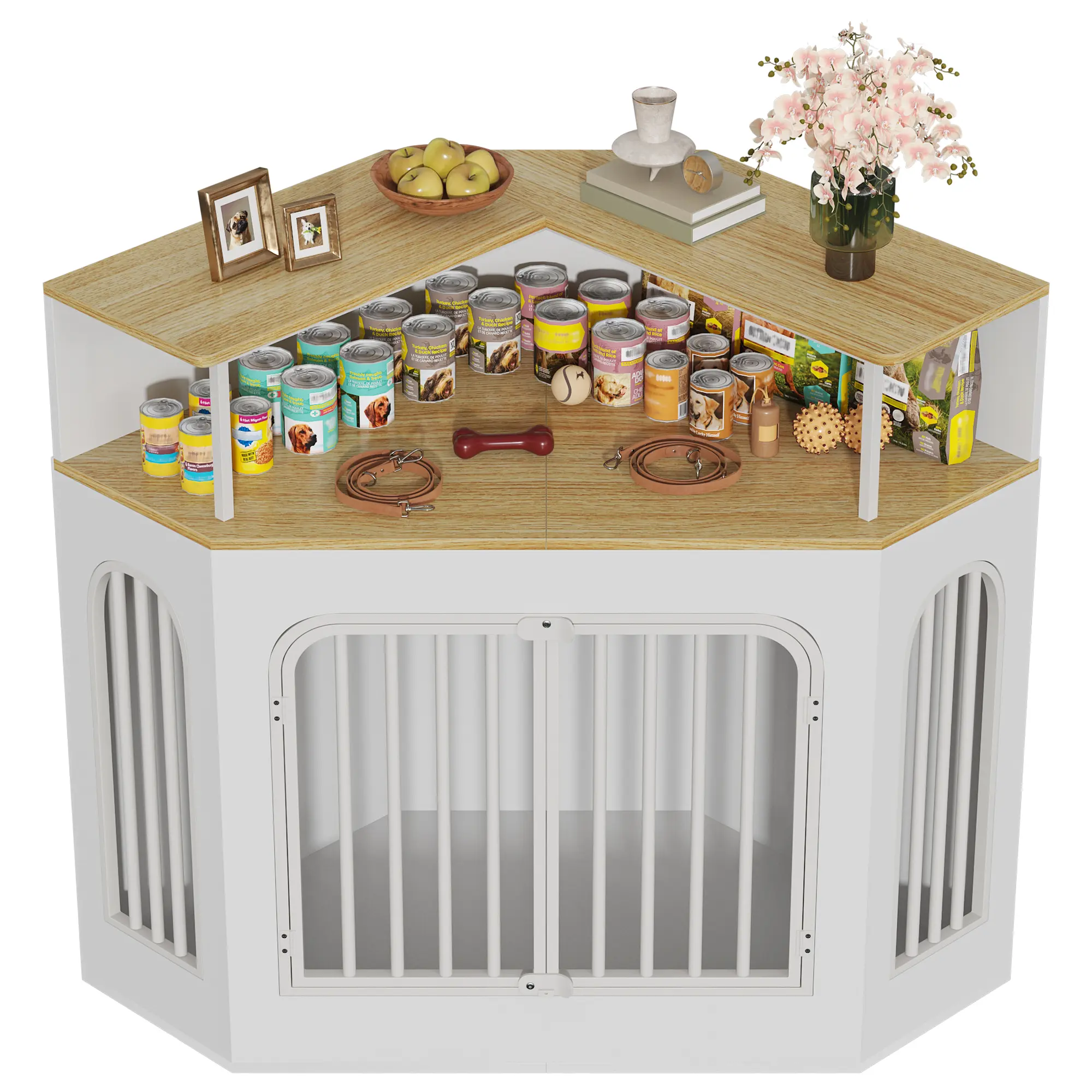 Corner Dog Crate Furniture, Space Saving Wooden Dog Kennel with TV Stand & Side Table, 200 lbs Weight Capacity, Pet Cage with Secure Lock, Easy Assembly Indoor Crate for Apartments