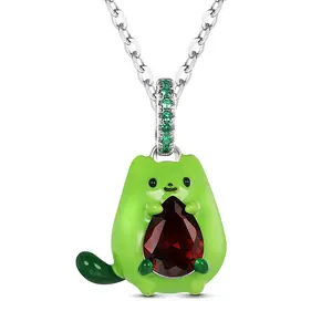 Jeulia Hug Me "Avocado Cat" Enamel Sterling Silver Necklace